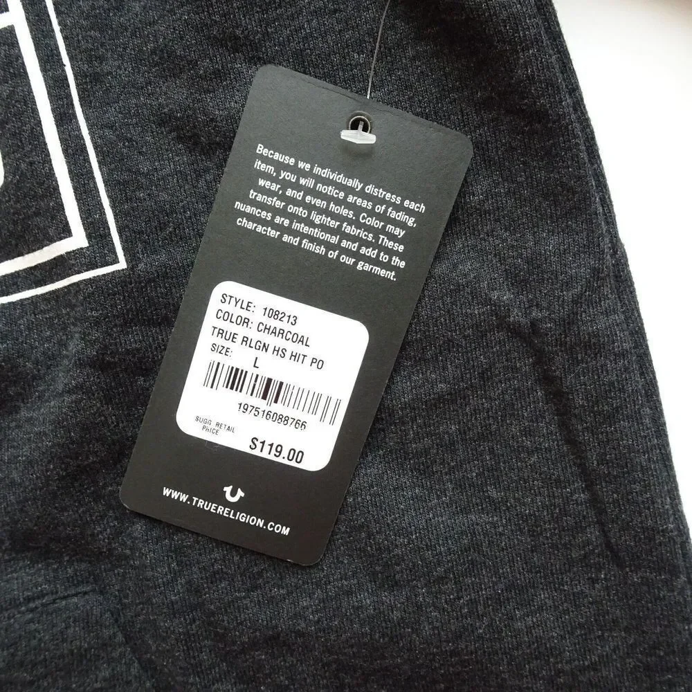 TRUE RELIGION Hooded Sweatshirt Pullover Lightweight Long SL Charcoal Gray NWT L